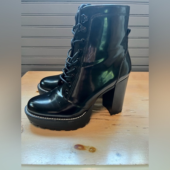 Black Bershka boots Women’s Block Heels Platform Patent Ankle Combat Boots - Picture 4 of 14